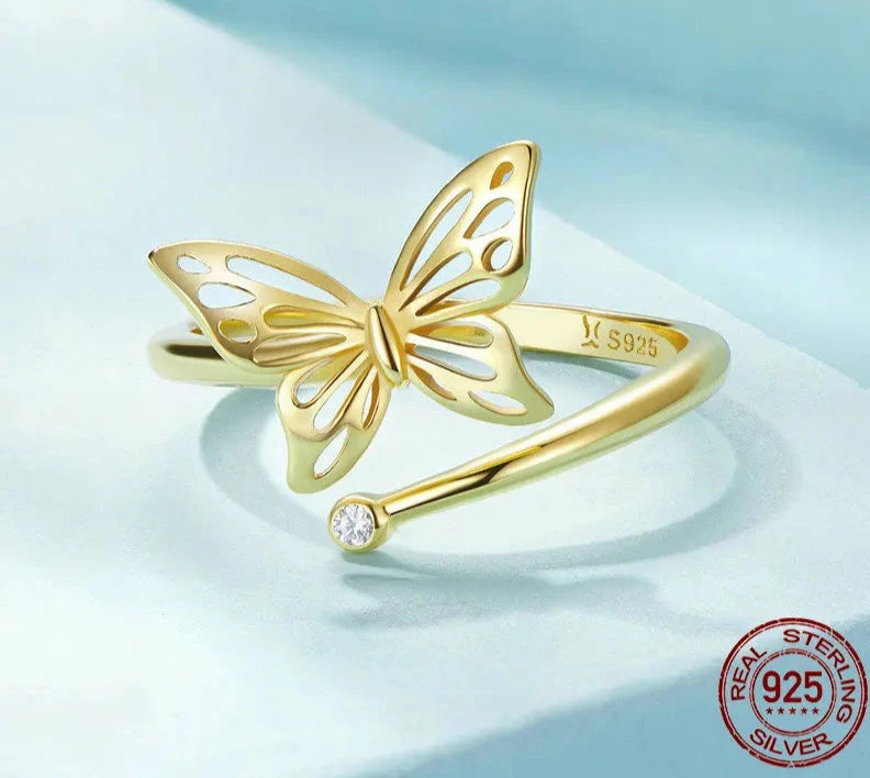 925 Sterling Silver Cute Butterfly Adjustable Finger Rings, 14K Gold Plated Adjustable Ring 2 Colors SCR448