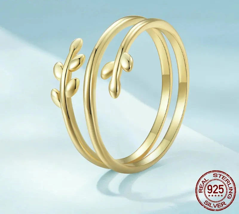 Gold Plated Leaves Adjustable Ring,  S925 Silver Trendy Multilayer Leaf Open Ring for Women Fashion Jewelry Gift 2 Colors