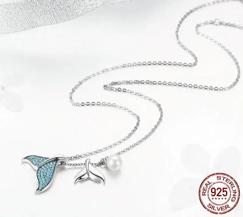 925 Sterling Silver Blue Mermaid Tail Pendant Necklace Quality Shell Pearl Bead Women Fine Jewelry Wedding Gift 17.32''