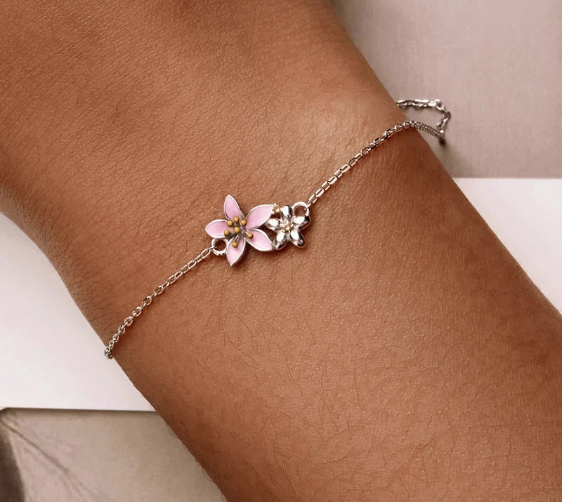 925 Sterling Silver Beautiful Cherry Blossom Bracelet Adjustable Silver Snake Chain Link for Women Fine Jewlery Gift