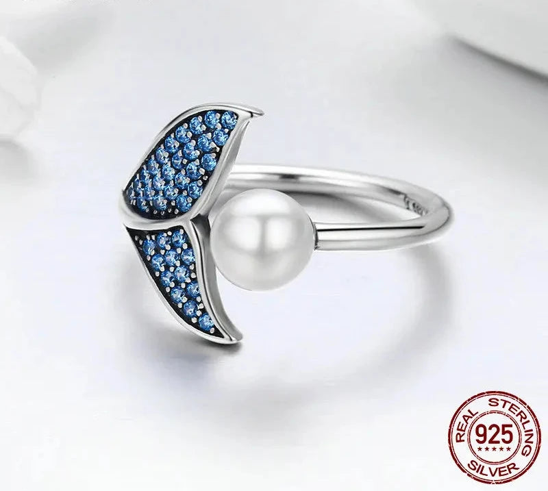 Bamoer 925 Sterling Silver Blue CZ Dolphin Tail Opening Finger Ring Shell Pearl Adjustable Ring for Women Jewelry Gift SCR286