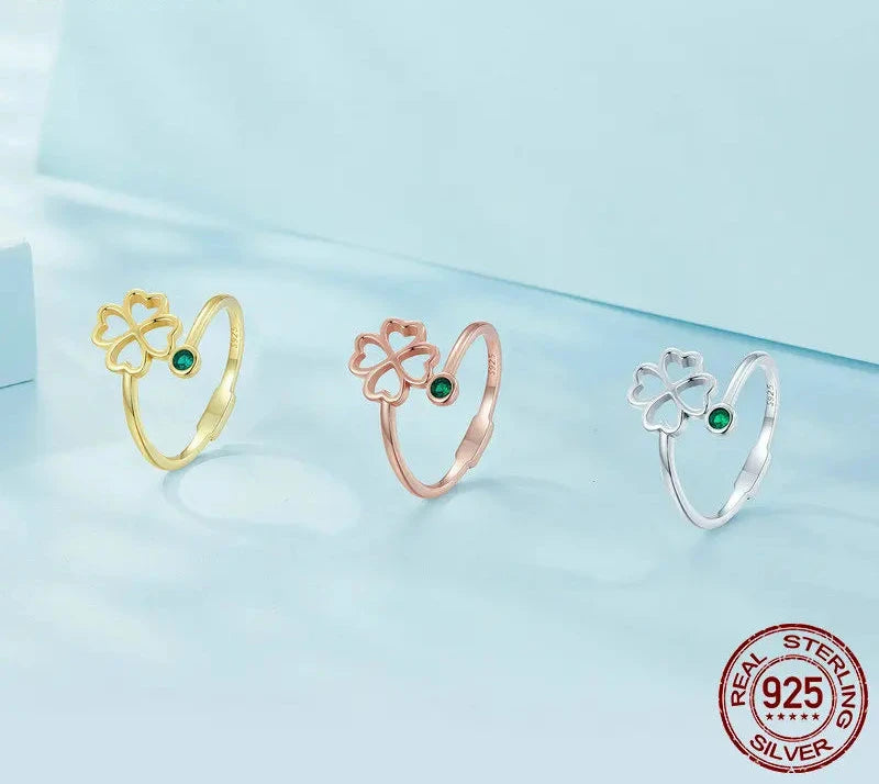 925 Sterling Silver Simple Four Leaf Clover Ring for Girl, Women 14K Gold Plated Promise Lucky Ring 3 Colors SCR843