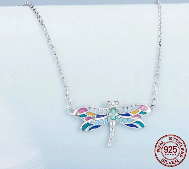 925 Sterling Silver Colorful Enamel Dragonfly Pendant Necklace Dainty Insect Neck Chain for Women Valentine's Day Gift