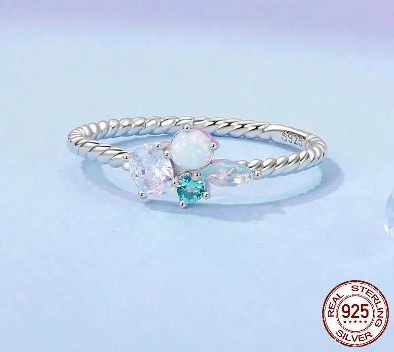 925 Silver Exquisite Opal Ring for Girls, White Gold Plated Dainty Cute Jewelry Gifts for Women On Birthday Christmas