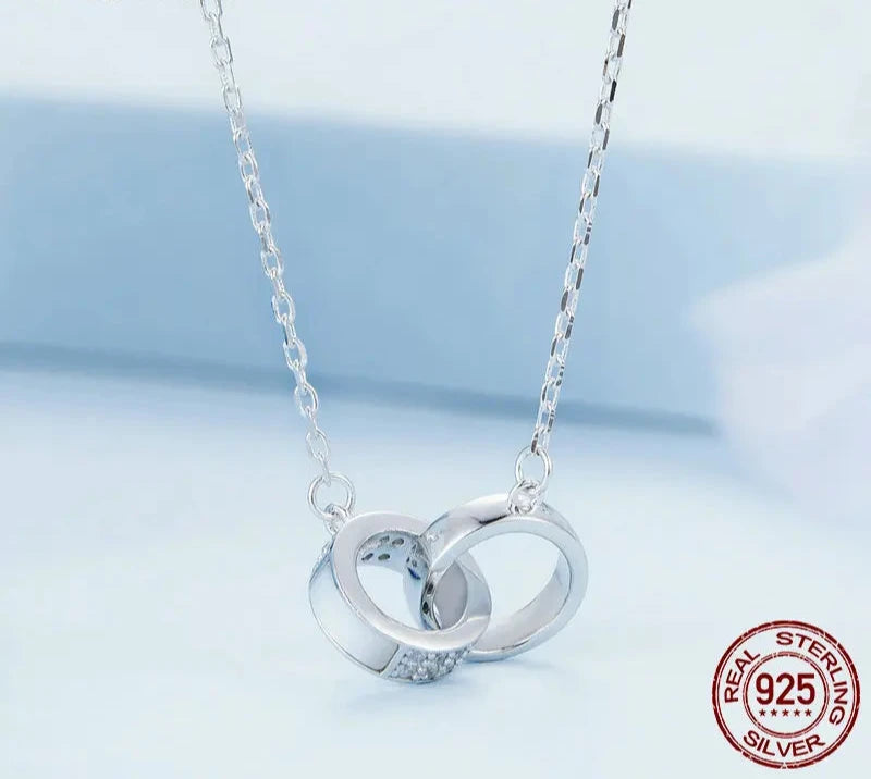 925 Sterling Silver Double Circle Interlock Pendant Necklace Double Ring Collarbone Neck Chain for Women Jewelry BSN295