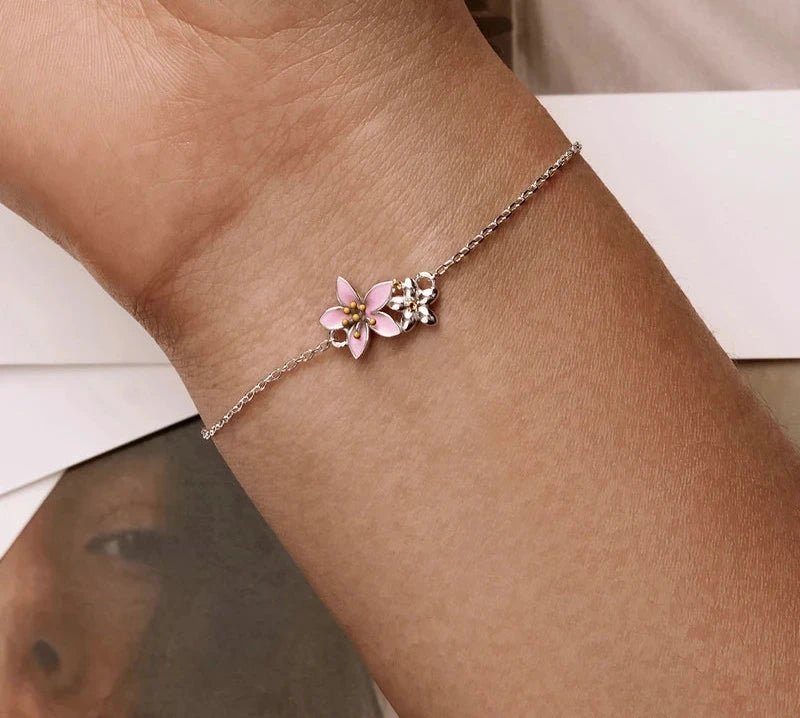 925 Sterling Silver Beautiful Cherry Blossom Bracelet Adjustable Silver Snake Chain Link for Women Fine Jewlery Gift