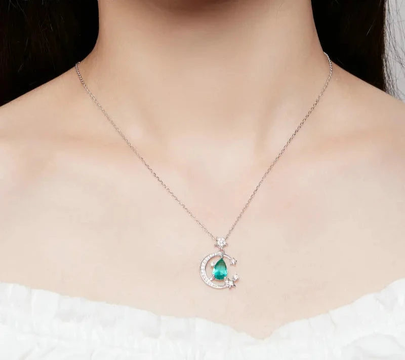 925 Sterling Silver Crescent Moon and Star Pendant Necklace Light Green Waterdrop Neck Chain for Women Fine Jewelry