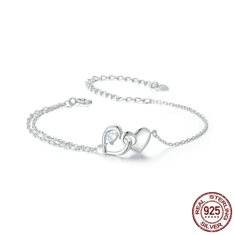 925 Sterling Silver Jewelry Forever Love Heart Double Chain Bracelet Friendship Adjustable Charm Bracelet Gift for Women