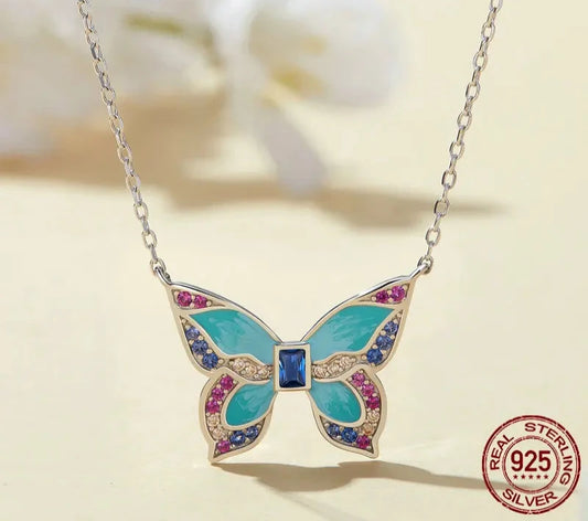 925 Sterling Silver Colorful Butterfly Pendant Necklace Insect Neck Chain for Women Birthday Gift Fine Jewelry BSN306