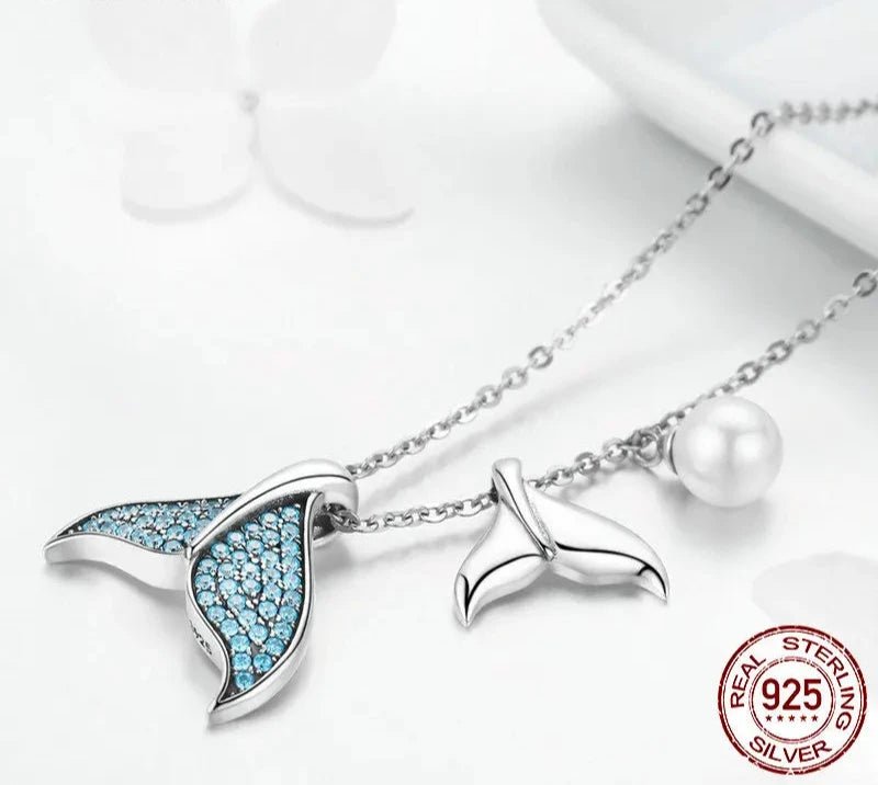 925 Sterling Silver Blue Mermaid Tail Pendant Necklace Quality Shell Pearl Bead Women Fine Jewelry Wedding Gift 17.32''