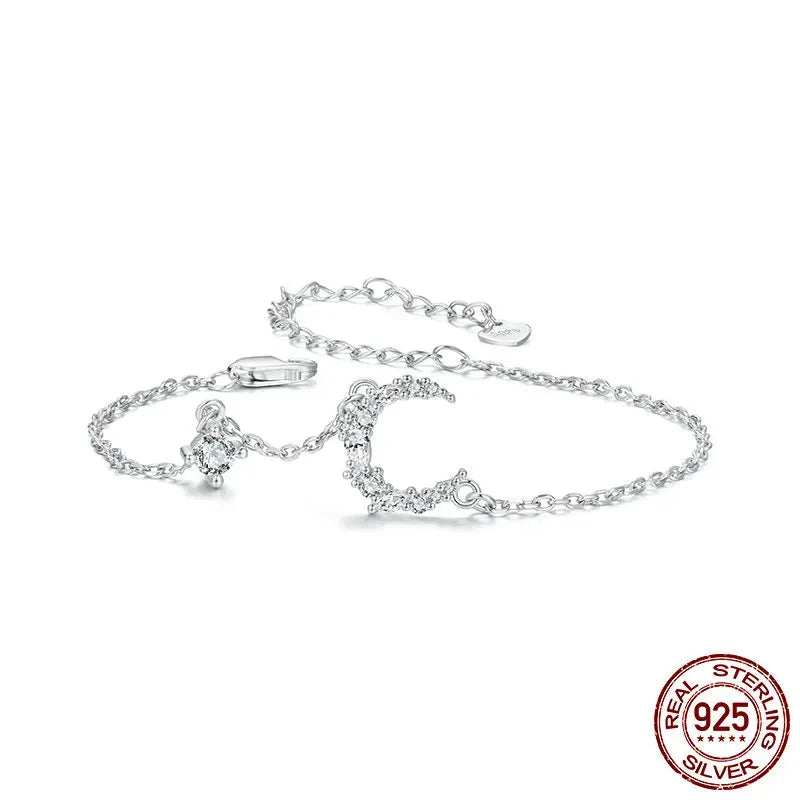 925 Sterling Silver Moon Bracelet, White Gold Plated Personalized Moonlight Dainty Link Chain Bracelet for Women BSB174