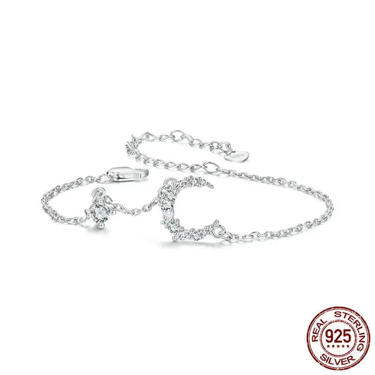 925 Sterling Silver Moon Bracelet, White Gold Plated Personalized Moonlight Dainty Link Chain Bracelet for Women BSB174