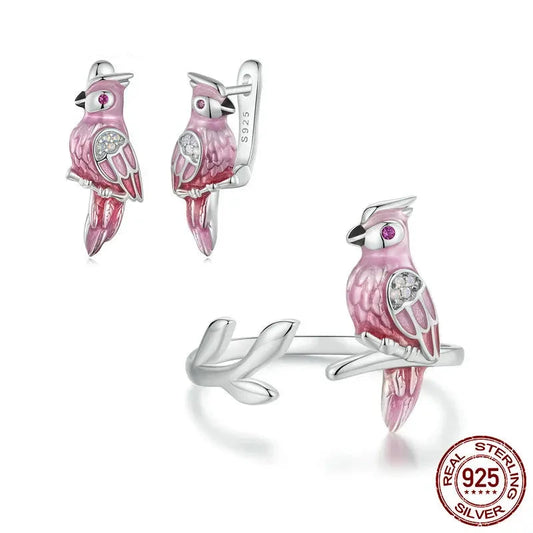 925 Sterling Silver Cute Parrot Ring & Earrings, White Gold Plated Nano Opal Bird Jewelry Statement Gift for Women BSR551