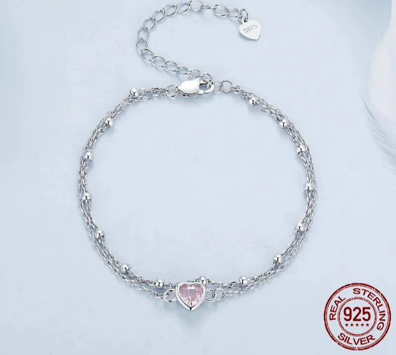 925 Sterling Silver Double Layer Bracelet Barbie Pink Heart Adjustable Chain Link for Women Valentine's Day Gift BSB152