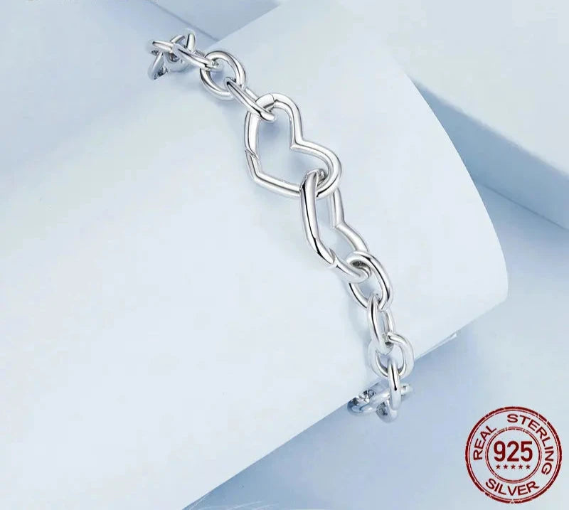 925 Sterling Silver Double Hearts Clasped Bracelets for Women Lady's DIY Pendent Charm Cuff Adjustable Bracelets BSB172