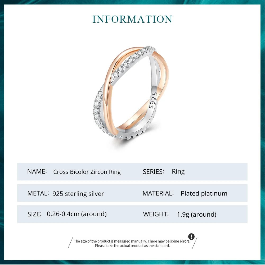 925 Sterling Silver Bicolor Twist Eternity Ring Double Layer Cross Ring for Women Rose Gold Plated Zircon Fine Jewelry