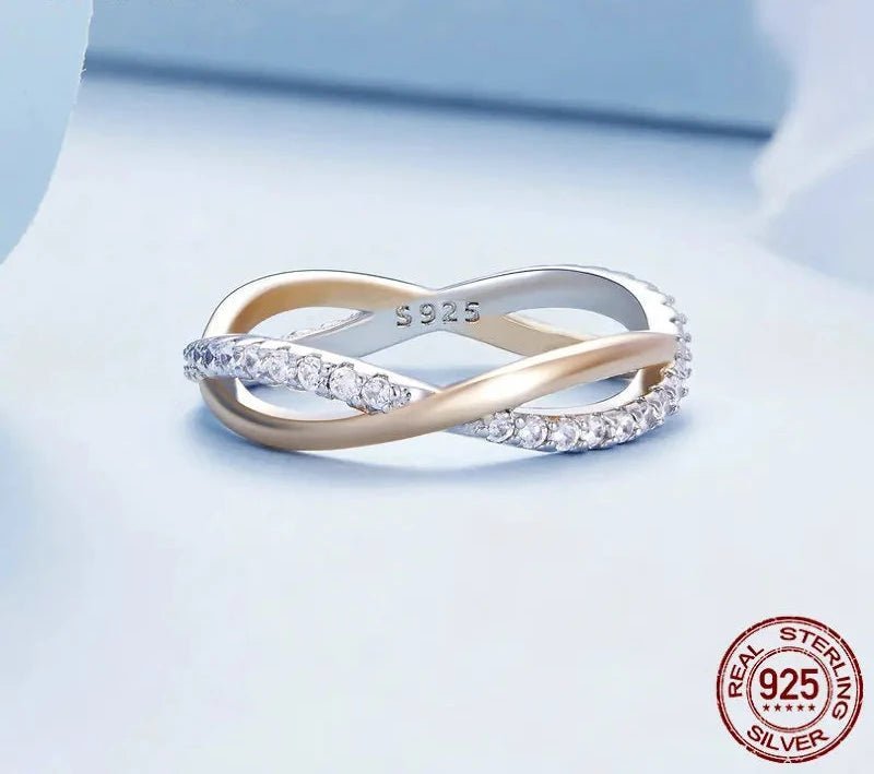 925 Sterling Silver Bicolor Twist Eternity Ring Double Layer Cross Ring for Women Rose Gold Plated Zircon Fine Jewelry