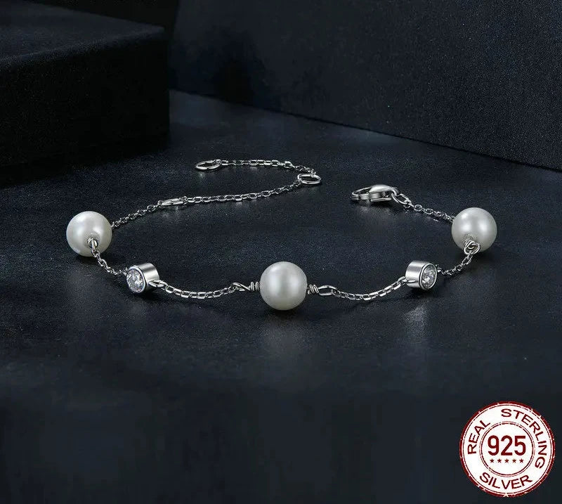 925 Sterling Silver Tiny Moissanite Bracelet, Dainty Shell Pearl Adjustable Chain Layered Bracelets Bridesmaid Jewelry