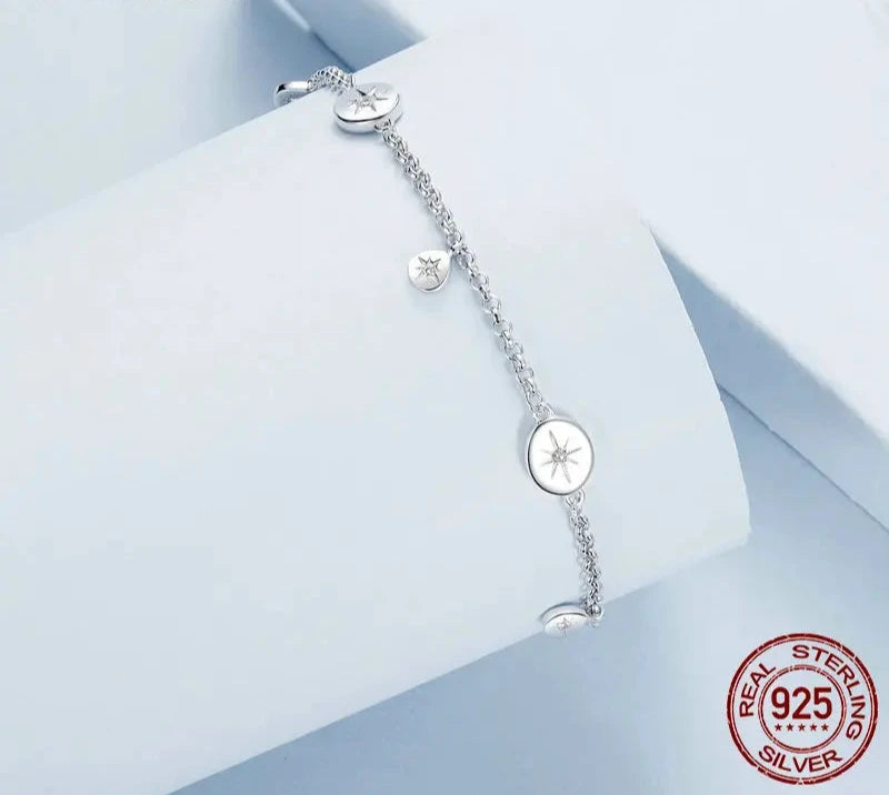 925 Sterling Silver Dainty Star Fringe Bracelet, White Gold Plated Chain Bracelet Cuff Party Jewelry for Women BSB182