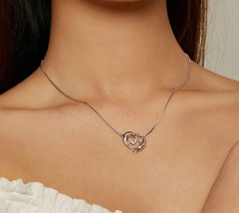 925 Sterling Silver Connected Double Dolphins Necklace Shiny Zircon Love Neck Chain for Women Fine Jewelry BSN340