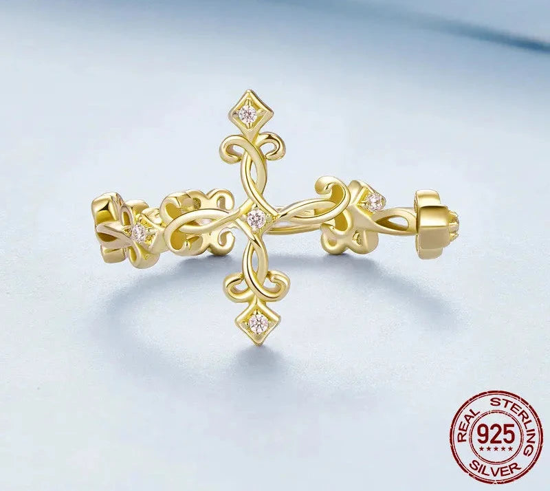 925 Sterling Silver Retro Pattern Cross Ring for Women 14K Gold Plated Flower Rings 3 Colors BSR041