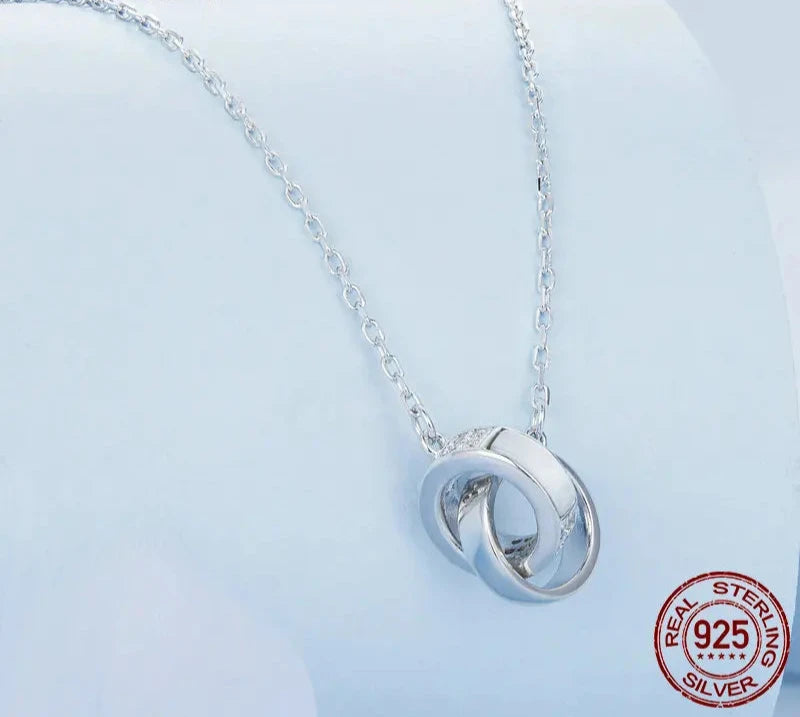 925 Sterling Silver Double Circle Interlock Pendant Necklace Double Ring Collarbone Neck Chain for Women Jewelry BSN295