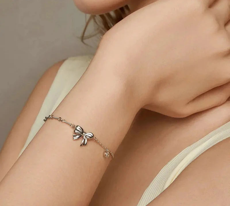 925 Sterling Silver Bowknot Bracelet Link Chain, Gold Plated Dainty Handmade Bow Jewelry Present for Women Girl BSB187