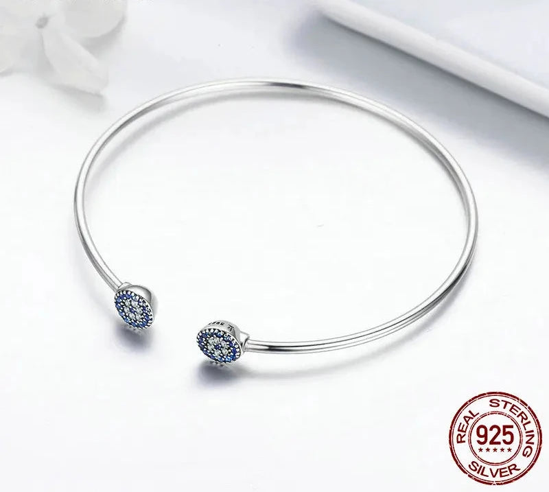 925 Sterling Silver Blue Zircon Lucky Eyes Bracelet for Women Open Cuff Bangle Classic Luxury Jewelry SCB058