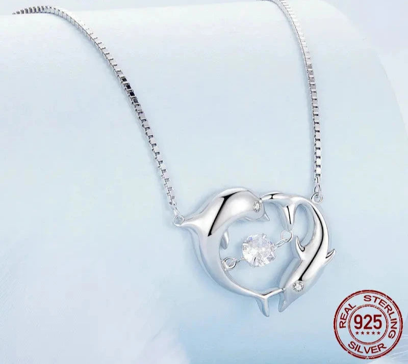 925 Sterling Silver Connected Double Dolphins Necklace Shiny Zircon Love Neck Chain for Women Fine Jewelry BSN340