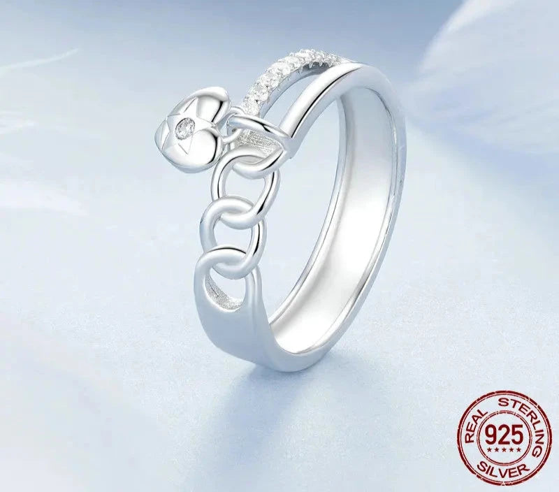 925 Sterling Silver Double-layer Ring with Heart, 2024 New Chic Chain Band Ring Jewelry Gift for Women Girl BSR572