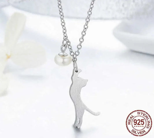 925 Sterling Silver Cute Cat Pendant Necklace Shell Pearl Chain for Women Birthday Gift Fashion Jewelry SCN175