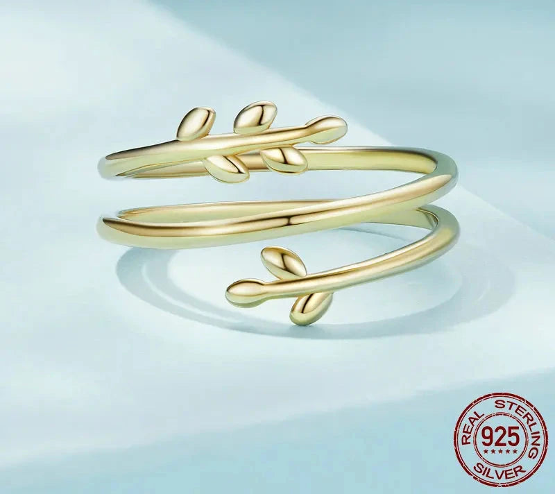 Gold Plated Leaves Adjustable Ring,  S925 Silver Trendy Multilayer Leaf Open Ring for Women Fashion Jewelry Gift 2 Colors