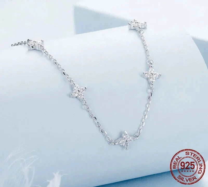 925 Sterling Silver Dainty Stars Necklace for Women, Four-Leaf Clover CZ Choker Chain Necklace Trendy Jewelry Gift BSN394