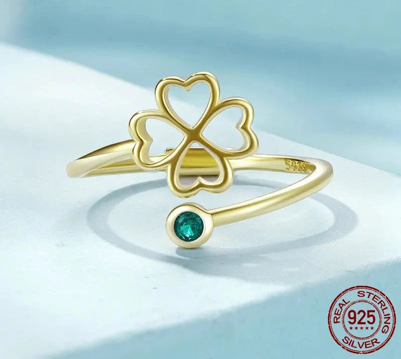 925 Sterling Silver Simple Four Leaf Clover Ring for Girl, Women 14K Gold Plated Promise Lucky Ring 3 Colors SCR843