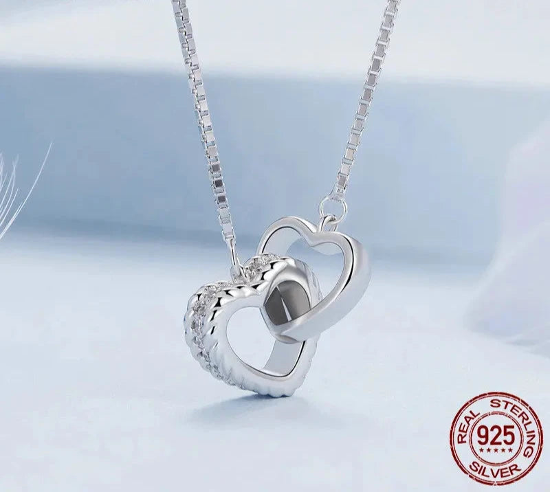 925 Sterling Silver Double Heart Pendant Necklace Clavicle Chain Link for Women Party Jewelry Valentine's Day Gift