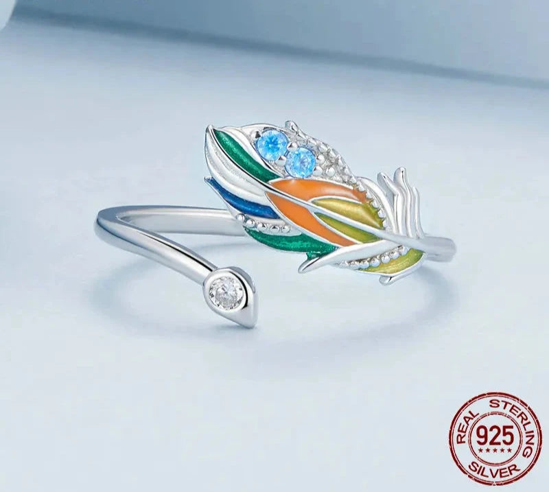 925 Sterling Silver Colorful Enamel Peacock Feather Opening Ring Pave Setting CZ Adjustable Ring for Women Fine Jewelry