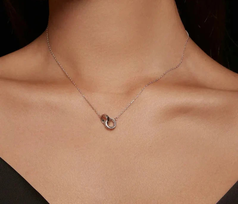 925 Sterling Silver Double Circle Interlock Pendant Necklace Double Ring Collarbone Neck Chain for Women Jewelry BSN295