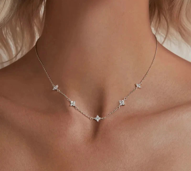 925 Sterling Silver Dainty Stars Necklace for Women, Four-Leaf Clover CZ Choker Chain Necklace Trendy Jewelry Gift BSN394