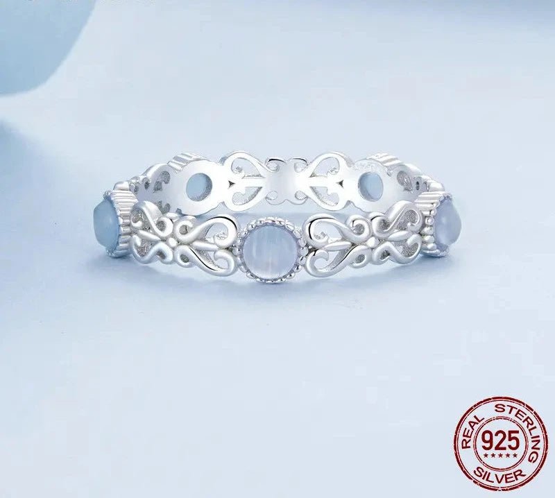 925 Sterling Silver Blue Round Stone Finger Ring Vine Pattern Ring for Women Elegant Jewelry Gift BSR507