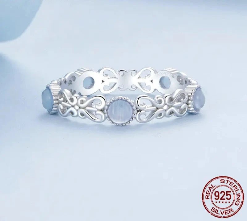 925 Sterling Silver Blue Round Stone Finger Ring Vine Pattern Ring for Women Elegant Jewelry Gift BSR507