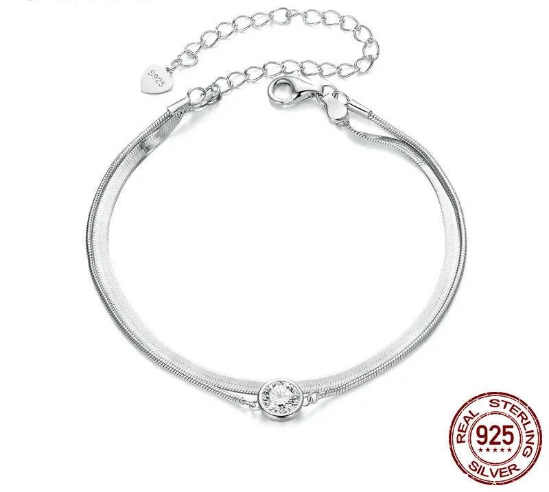 0.5CT Moissanite Double-Layer Bracelet, 925 Sterling Silver White Gold Elegant Snake Chain Bracelet for Women MSB022