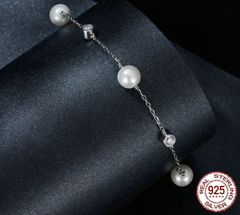 925 Sterling Silver Tiny Moissanite Bracelet, Dainty Shell Pearl Adjustable Chain Layered Bracelets Bridesmaid Jewelry