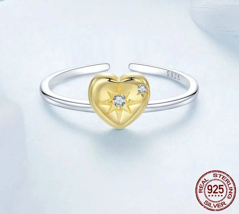 925 Sterling Silver 18K Gold Plated Heart Open Ring White Gold Plated Stars Adjustable Ring for Women Fine Jewelry Gift