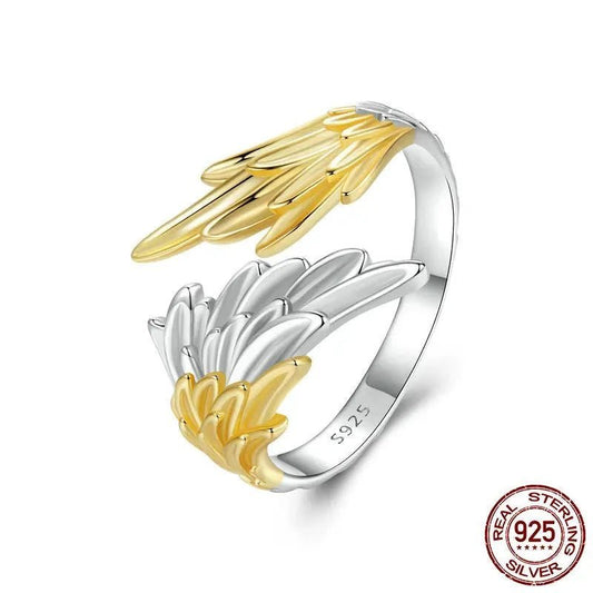 925 Sterling Silver 14K Gold Plated Angel Wing Ring White Gold Plated Adjustable Ring for Women Fine Jewelry Gift