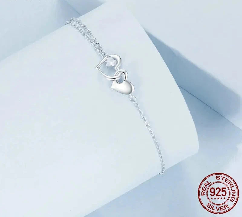 925 Sterling Silver Jewelry Forever Love Heart Double Chain Bracelet Friendship Adjustable Charm Bracelet Gift for Women