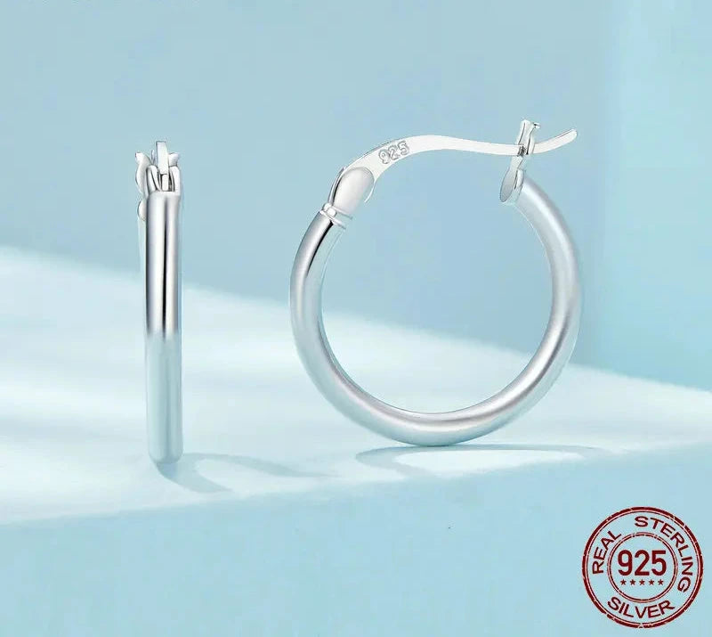 925 Sterling Silver Bold Classic Hypoallergenic Hoop Earrings, 14K White Gold Plated Standard Tube Earrings for Women