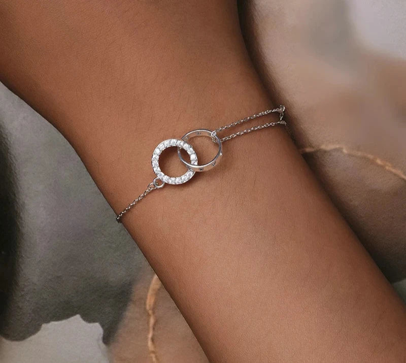 925 Sterling Silver Double Circle Bracelet Eternity Adjustable Chain Link Platinum Plated for Women Valentine's Day Gift