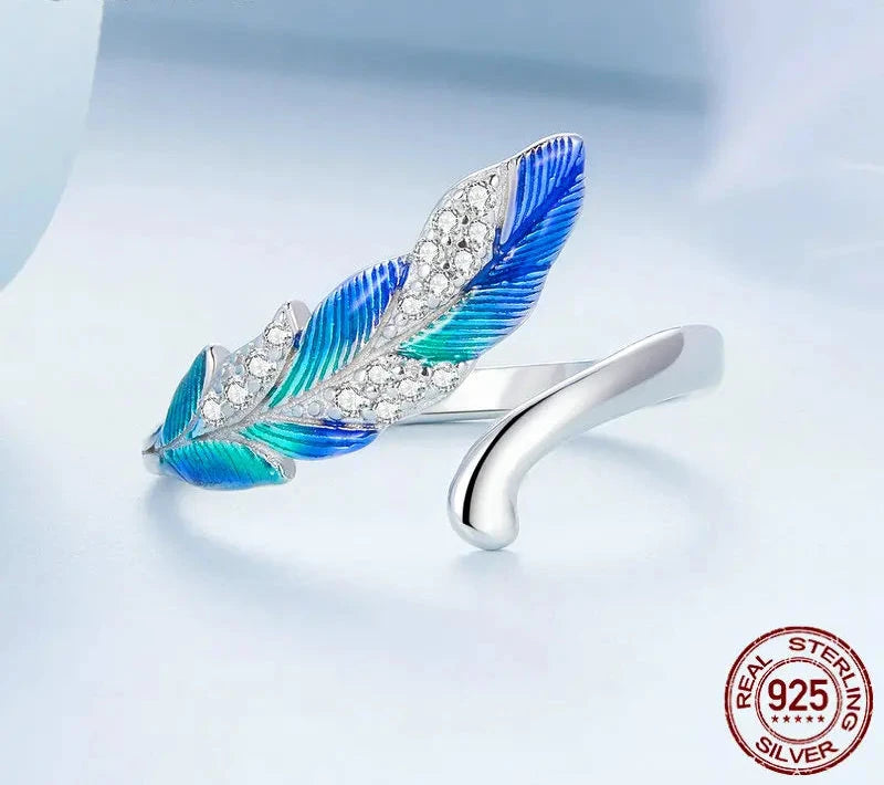 925 Sterling Silver Dazzling Blue Feather Open Ring Pave Setting CZ for Women Birthday Gift Chic Fine Jewelry BSR301