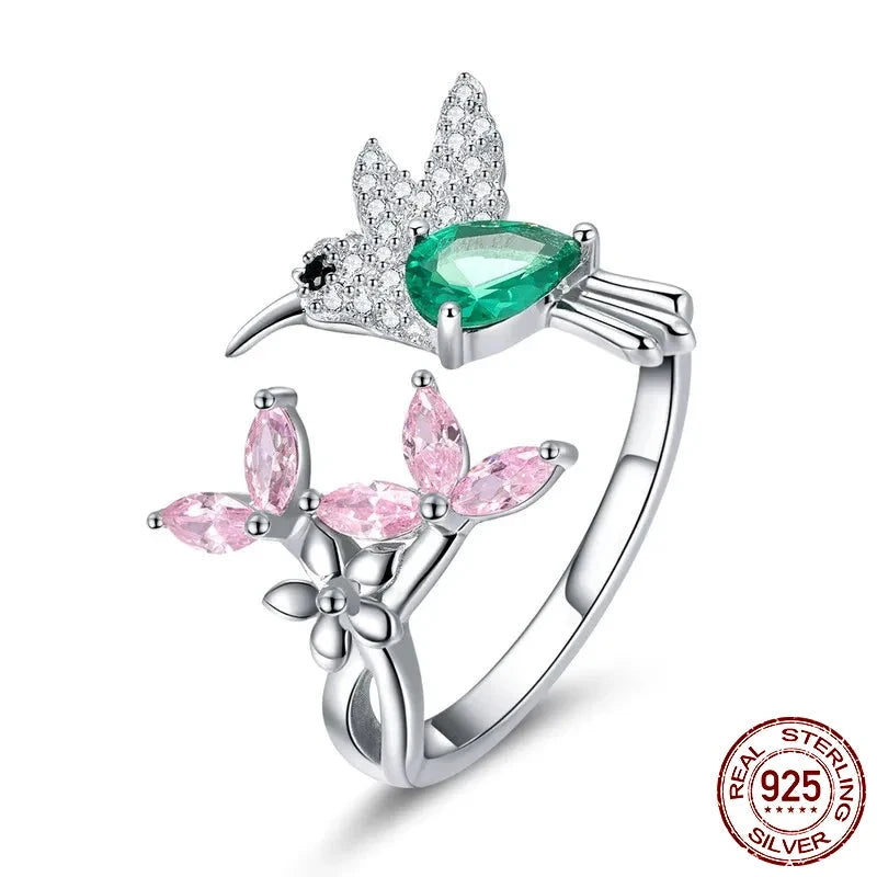 925 Sterling Silver Hummingbird Open Ring Dazzing CZ Adjustable Finger Rings for Women Silver Jewelry Gift BSR016