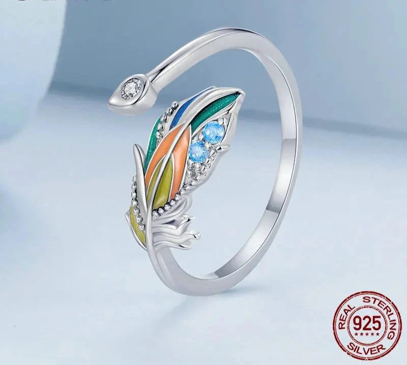 925 Sterling Silver Colorful Enamel Peacock Feather Opening Ring Pave Setting CZ Adjustable Ring for Women Fine Jewelry